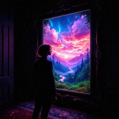 The primary subject of the image is a woman standing in front of a large, ornate mirror. The setting is a room with a red carpet, and the visual style appears to be a digital art or illustration. The colors in the image are predominantly purple and pink, creating a dreamy and surreal atmosphere.